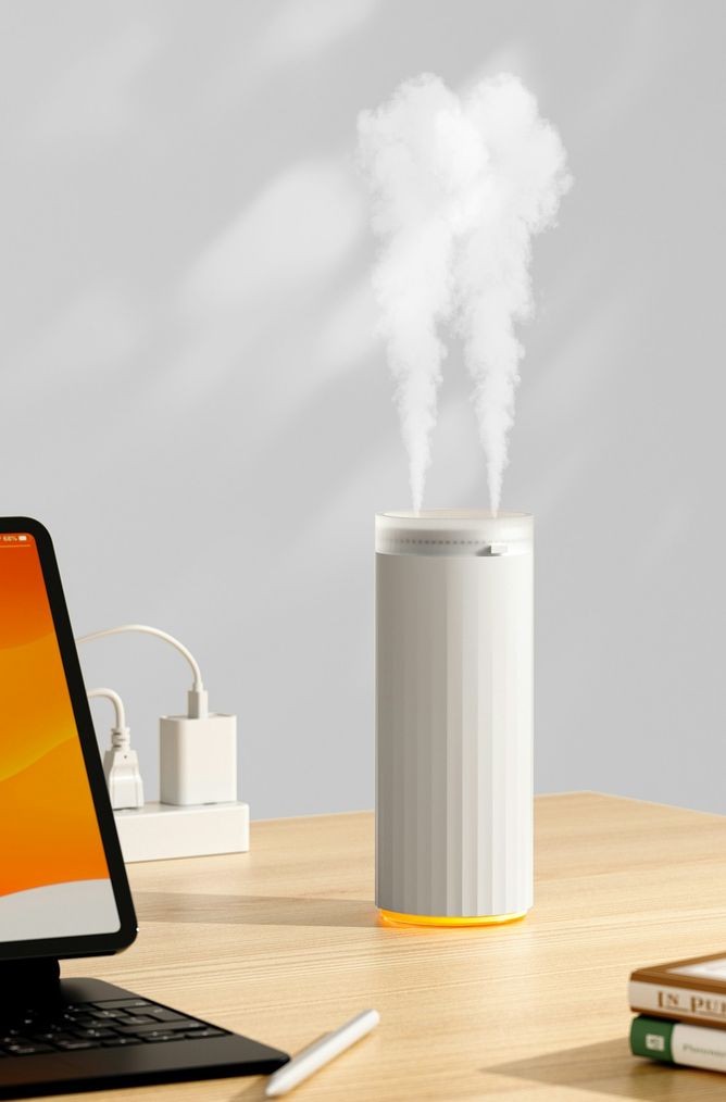 Humidifier releasing a soft mist in a bright room