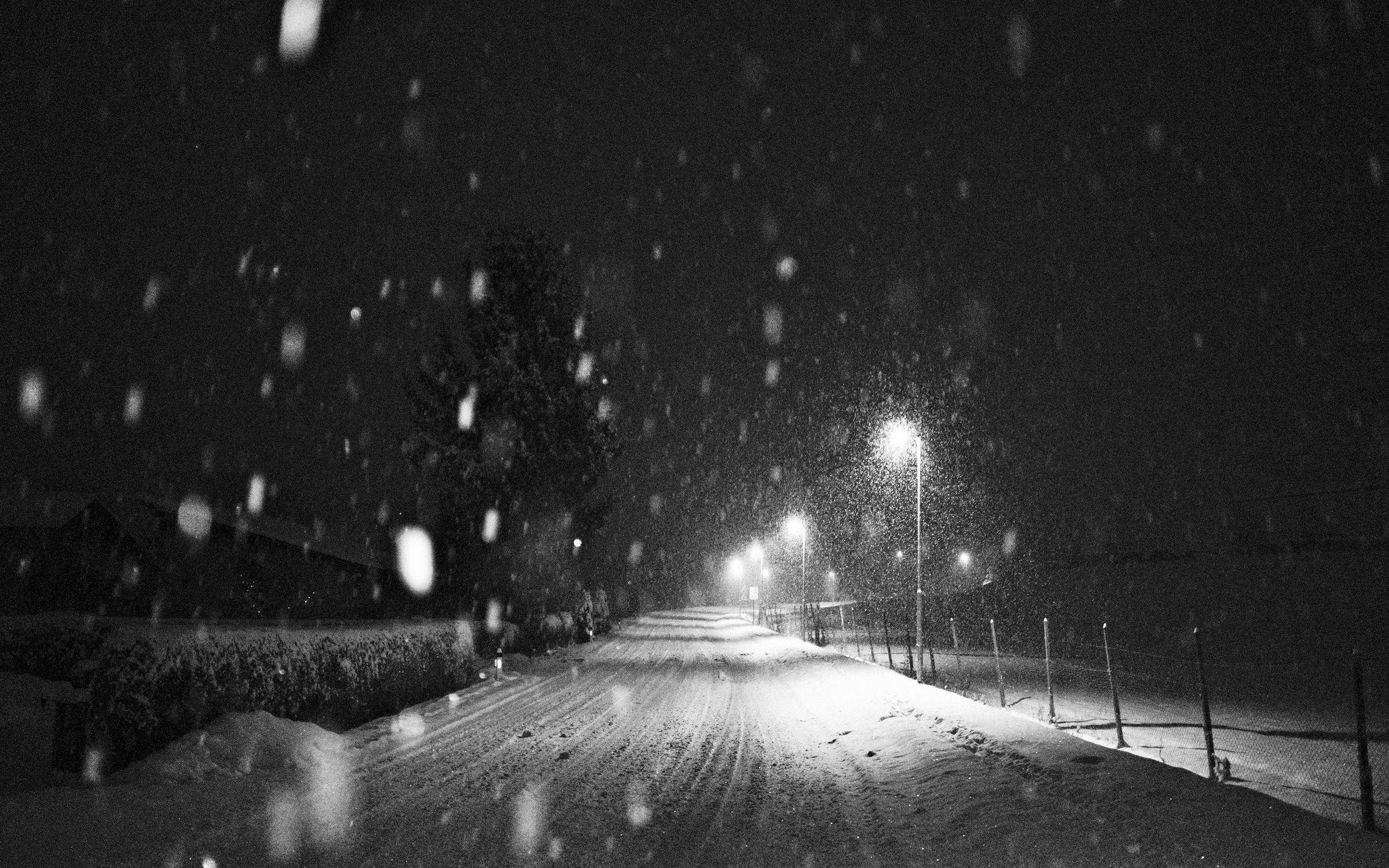 Snow falling on a dark road at night